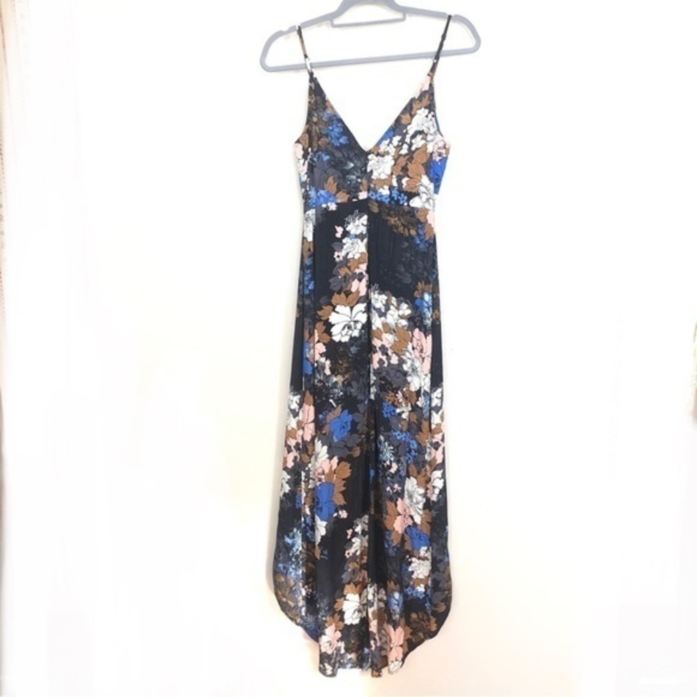 ASTR Black Blue Floral Faux Wrap Dress Hi Low S - Picture 3 of 7